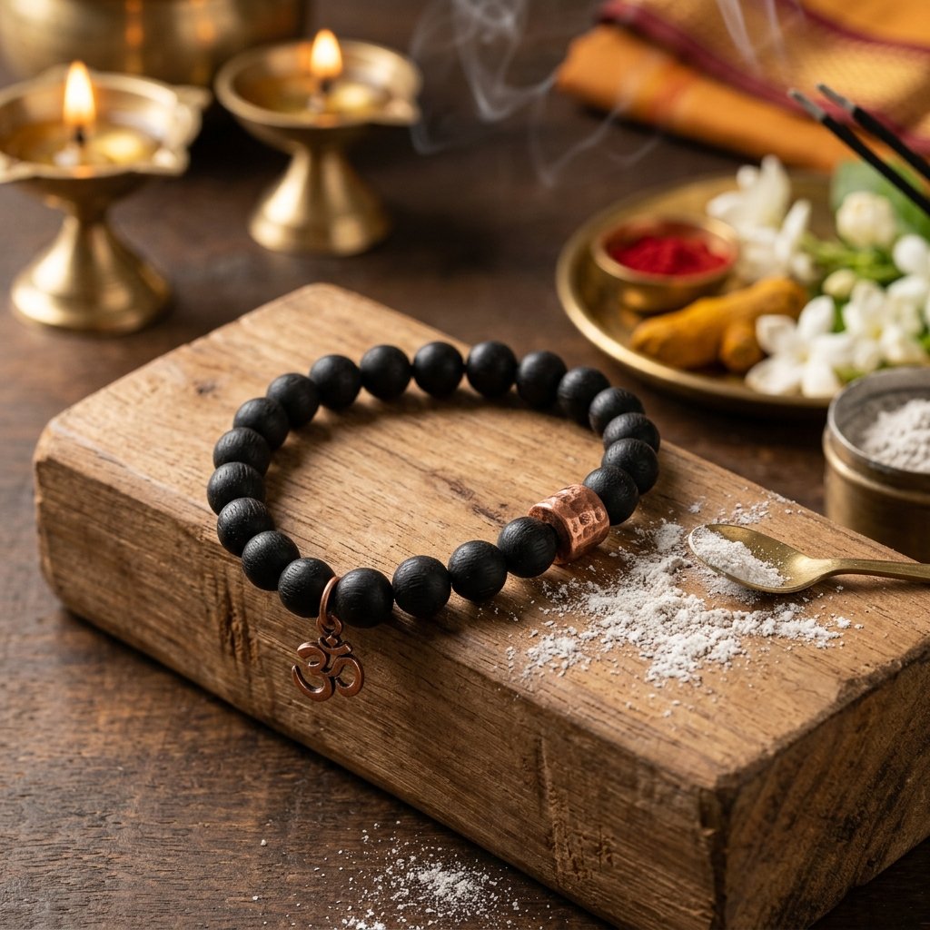 Original Karungali (Black Ebony Wood) Hand Mala Bracelet with Copper Ring